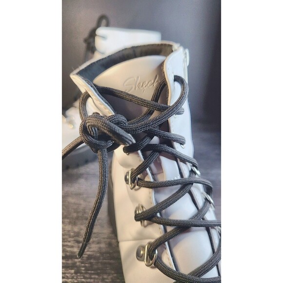 Skechers Women’s White Patent Leather Ankle Combat Goth Punk 90s Boots Size 9 - Picture 9 of 11